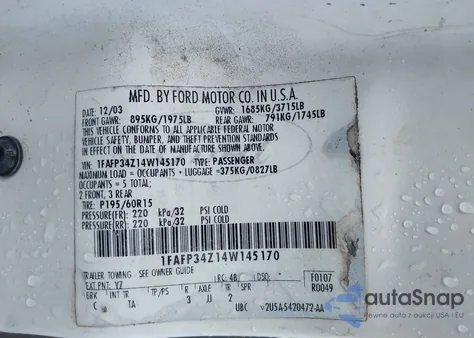 2004 Ford Focus Se z USA, uszkodzony, nr VIN 1FAFP34Z14W145170